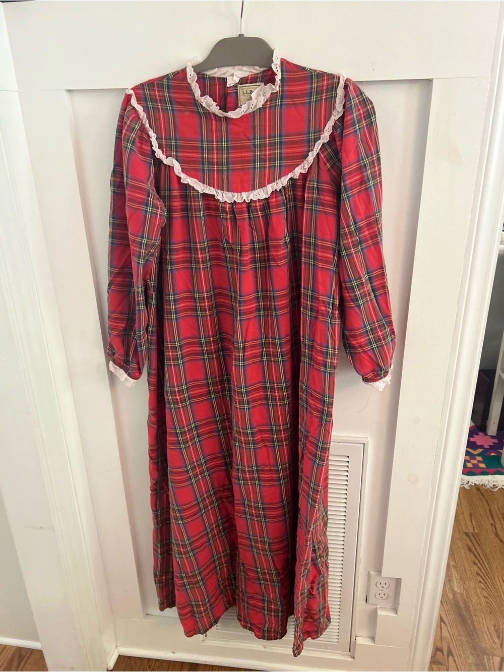 Vintage LL Bean Lanz of Salzburg Red Plaid Flannel Nightgown Lace Trim USA Made